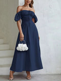 robe de mariage bleu marine longue manches bouffantes